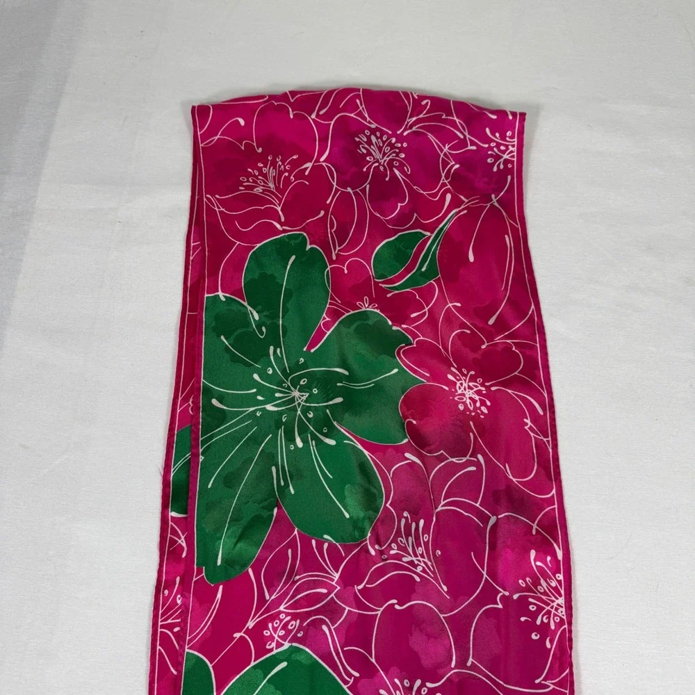 Ginnie Johnson Pink Hibiscus Floral Silk‎ Scarf Tropical Botanical Signed 61x11